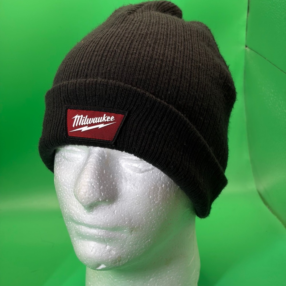 Milwaukee Tools Black Ribbed Knit Beanie Hat OSFA Logo Patch Cuffed Watch Cap
